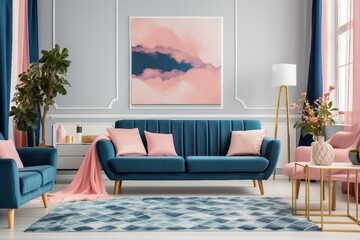 Patterned carpet in pink and blue living room interior with sofa against white wall. generative ai.