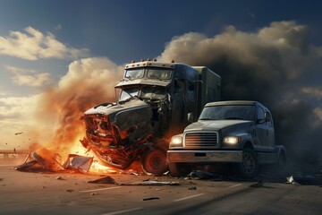 Collision between car and large truck with tank trailer. Generative AI