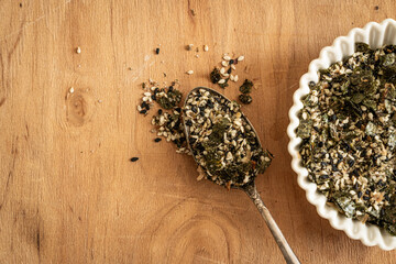 Furikake - traditional japanese spice, rustic background