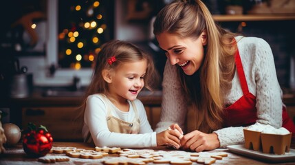 Mother and daughter are preparing Christmas cookies - obrazy, fototapety, plakaty