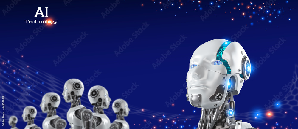 Poster Part of one separated robot head 3D rendering with digital graphic brain engine inside with blurred robotics group on dark blue futuristic artificial intelligence AI technology background.