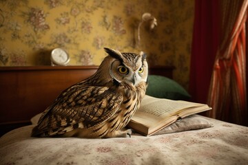 A wise owl reading on a bedroom bed. Generative AI
