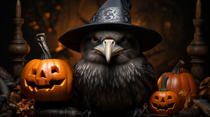 crow bird wearing witch hat with pumpkin on dark background. raven bird in the black witch hat - obrazy, fototapety, plakaty