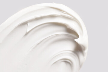 White Beige Texture of Cosmetic Face Cream Smear. Swatch smudge concealer, smear hand cream, hair mask. Light beige white liquid, highlighter, BB, CC cream makeup texture of liquid.