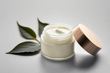 Delicate white beige Cosmetic product - Facial
Cream, Hand Cream, BB face cream and green
leaves on...