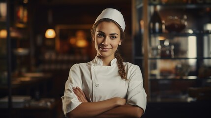 Portrait of a young chef in the kitchen - obrazy, fototapety, plakaty