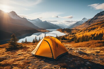 Camping in a yellow tent, holding a cup, with a stunning Lake view,Generated with AI