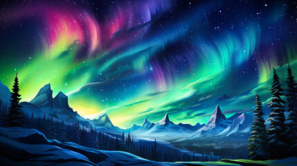 Cascading Aurora Borealis in Polar Night - obrazy, fototapety, plakaty