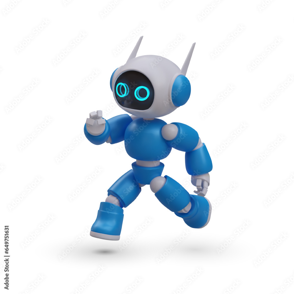 Poster 3d realistic robot running to help on white background. friendly robot serviceman. modern model of r