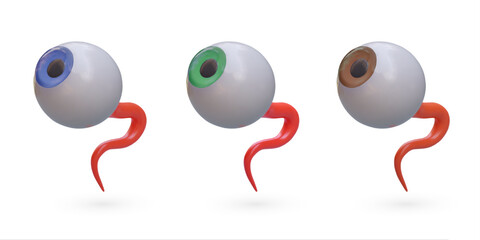 Set of 3d eyeballs with colorful pupils. Eyes diagnostic in privet clinic. Placard for ophthalmology clinic with different eyes. Vector illustration in 3d style