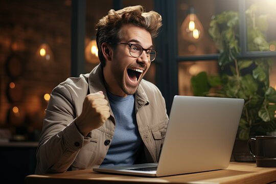 Excited Man Celebrating News: A happy man sits in his kitchen, staring at his laptop screen with excitement.Generated with AI