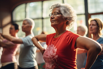 Exercising class in a retirement village, elderly people living healthy lifestyle over sixty - obrazy, fototapety, plakaty