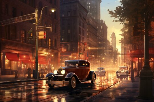Retro digital art of New York City streets, vintage cars, and nightlife in 1920s America. Wallpaper concept. Generative AI
