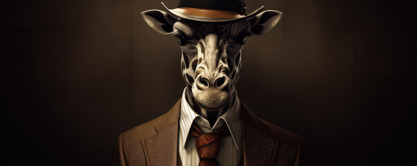 Animal giraffe wearing modern suit, hat, and glasses. - obrazy, fototapety, plakaty