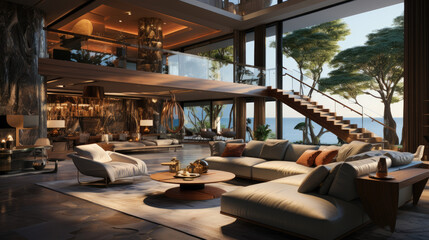 Fototapeta premium Luxurious living room with ocean view, modern furniture, and high ceilings.