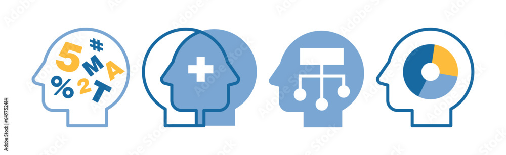 Aufkleber head with brain as icon of imagination and mind power vector set