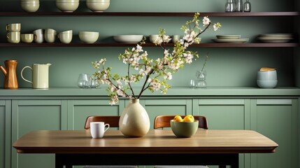 Interior of modern classic provence kitchen. Wooden dining table, flowering branch in a vase, green wall and cabinets, various crockery on the background. Contemporary home design. 3D rendering.