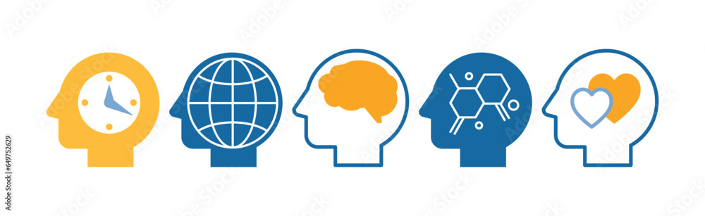 Aufkleber head with brain as icon of imagination and mind power vector set