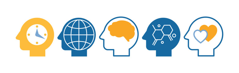 Head with Brain as Icon of Imagination and Mind Power Vector Set
