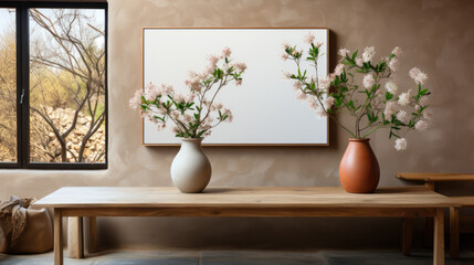 Minimalist living room interior with wooden table, ceramic vases, pink flowers, and blank picture frame.