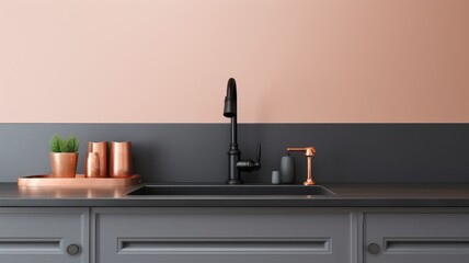 Fragment of modern minimalist kitchen. Black countertop with built-in sink and faucet. Gray cabinets and backsplash, peach tone wall. Close-up. Contemporary interior design. 3D rendering. - obrazy, fototapety, plakaty
