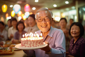 Asian elderly man holding a birthday cake with lots of candles, celebrating a birthday in a retirement village, cheerful crowd in a background out of focus