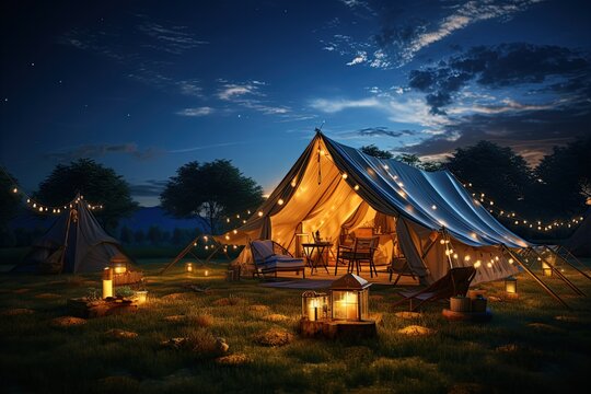 Camping under the Stars outdoor camping tent with a tarp or flysheet set up on a grass courtyard.Generated with AI