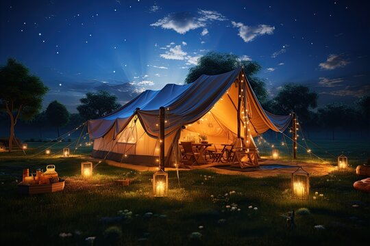 Camping under the Stars outdoor camping tent with a tarp or flysheet set up on a grass courtyard.Generated with AI