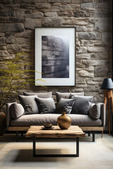 Industrial style living room with grey sofa, stone wall, black framed artwork, and wooden coffee table.