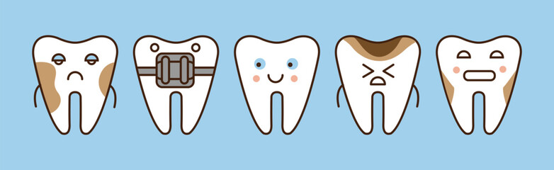 Funny Little Tooth Icon with Face on Blue Background Vector Set