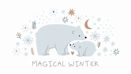 Cute Bear Mom and baby - vector illustration. Cartoon bear family in flat style © NadezdaBarkova