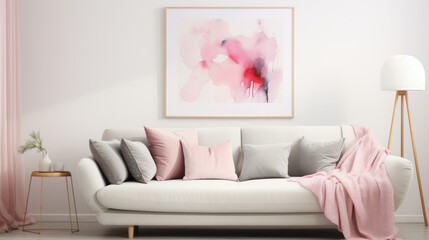 Modern living room interior with white sofa, pink and grey pillows, abstract painting, and gold accents.