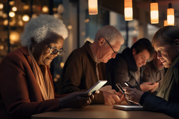 Multi-cultural old people getting familiar with technology, reading news on phones and tablets - obrazy, fototapety, plakaty