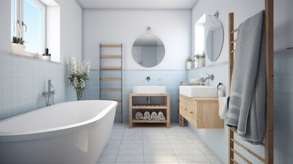 Fototapeta na wymiar Interior of modern luxury scandi bathroom with window and white walls. Free standing bathtub, two wash basins on wooden countertops, round wall mirrors. Contemporary home design. 3D rendering.