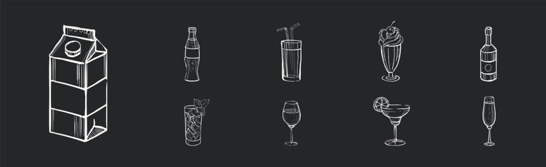Drink and Beverage in Sketch Style Drawn with Chalk on Black Background Vector Set - obrazy, fototapety, plakaty