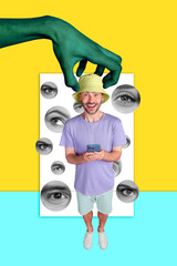 Collage vertical picture of funny young ukrainian guy using iphone hacked social medias spying eyes...