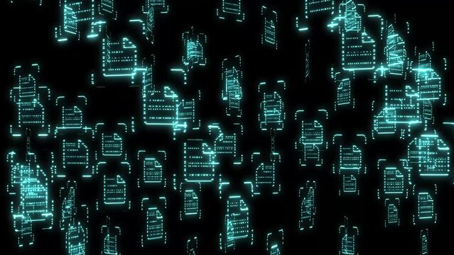 many glowing folder icons. Data file symbol flying from down to up. Digital abstract copy space background