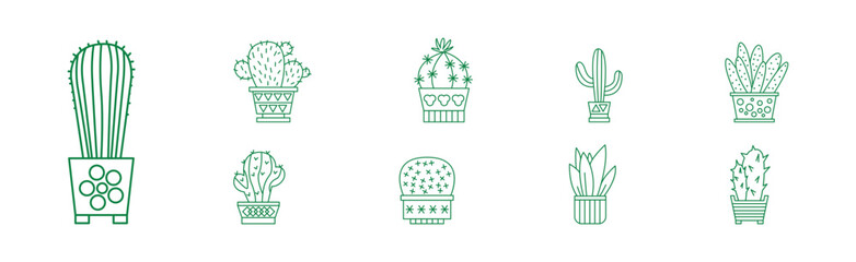 Cactus Indoor Houseplant Growing in Pot Line Icon Vector Set
