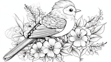 Obraz premium a bird sitting on top of a bunch of flowers and leaves. generative ai