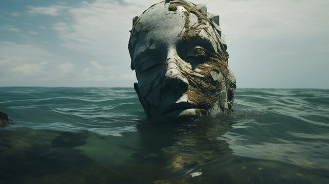 cabeça de pedra saindo do oceano, cinematográfica