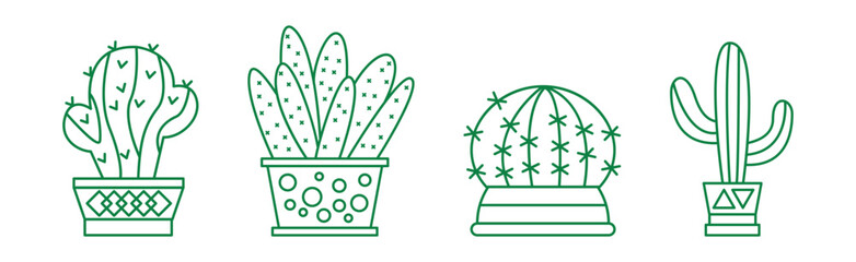 Cactus Indoor Houseplant Growing in Pot Line Icon Vector Set