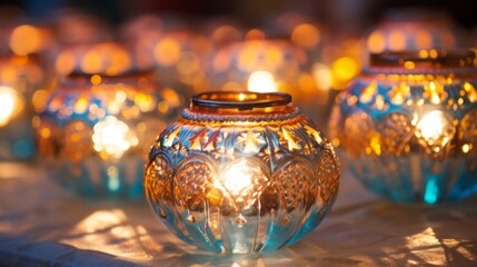 Close-Up Of Illuminated Diyas