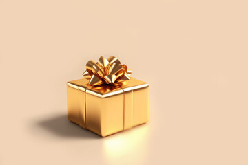 Obraz na płótnie Canvas Christmas present, gift golden box with bow on pastel beige Peach Fuzz Color of The Year 2024 background with holiday lights bokeh. 