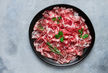 sliced cured ham, prosciutto, italian dish, delicacy, parma ham, top view, no people,