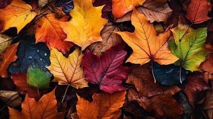 colorful autumn leaves on forest floor - obrazy, fototapety, plakaty