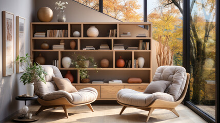 Scandinavian Living Room with Two Fabric Armchairs and a Wooden Bookshelf