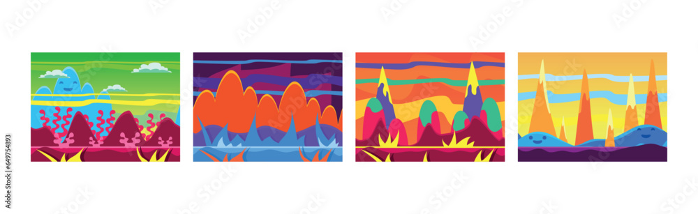 Poster bright gaming background with abstract nature environment vector set