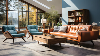 Fototapeta premium Mid-century style home interior design of modern living room with brown leather sofa and armchairs.