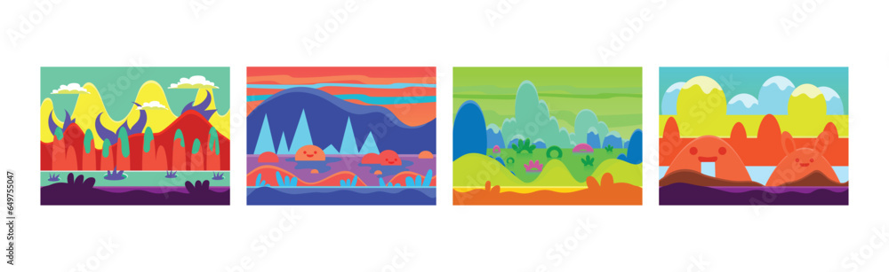Poster bright gaming background with abstract nature environment vector set