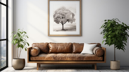 Elegant Living Room Interior with Brown Leather Sofa and Nature-Inspired Artwork